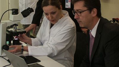 Diplombiologin Antje Fuß zeigt im Labor des Hanna-Decker-Hauses OB Schuchardt den Erreger der Schistosomiasis unter dem Mikroskop. 
